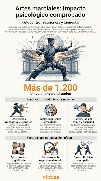 Infografía con el título "Artes marciales: impacto psicológico comprobado". Incluye un practicante de artes marciales y una serie de iconos que representan beneficios y factores clave.