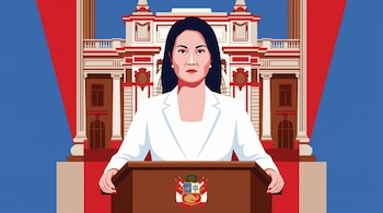 Ilustración de Keiko Fujimori de pie, vistiendo saco blanco, con manos sobre podio de madera que muestra el escudo peruano, en sala con columnas rojas y blancas.