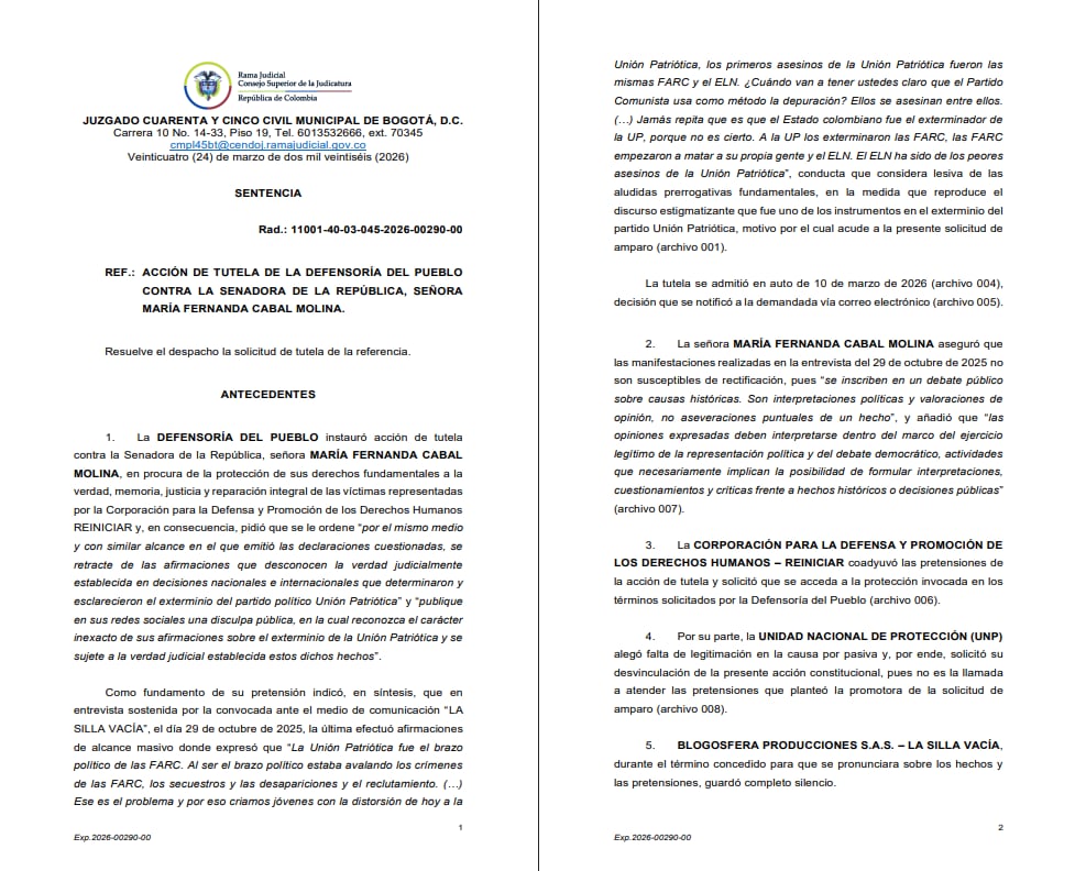 La Corte Constitucional asumió la revisión de la tutela que ordena a María Fernanda Cabal rectificar sus declaraciones sobre la Unión Patriótica - crédito Consejo Superior de la Judicatura