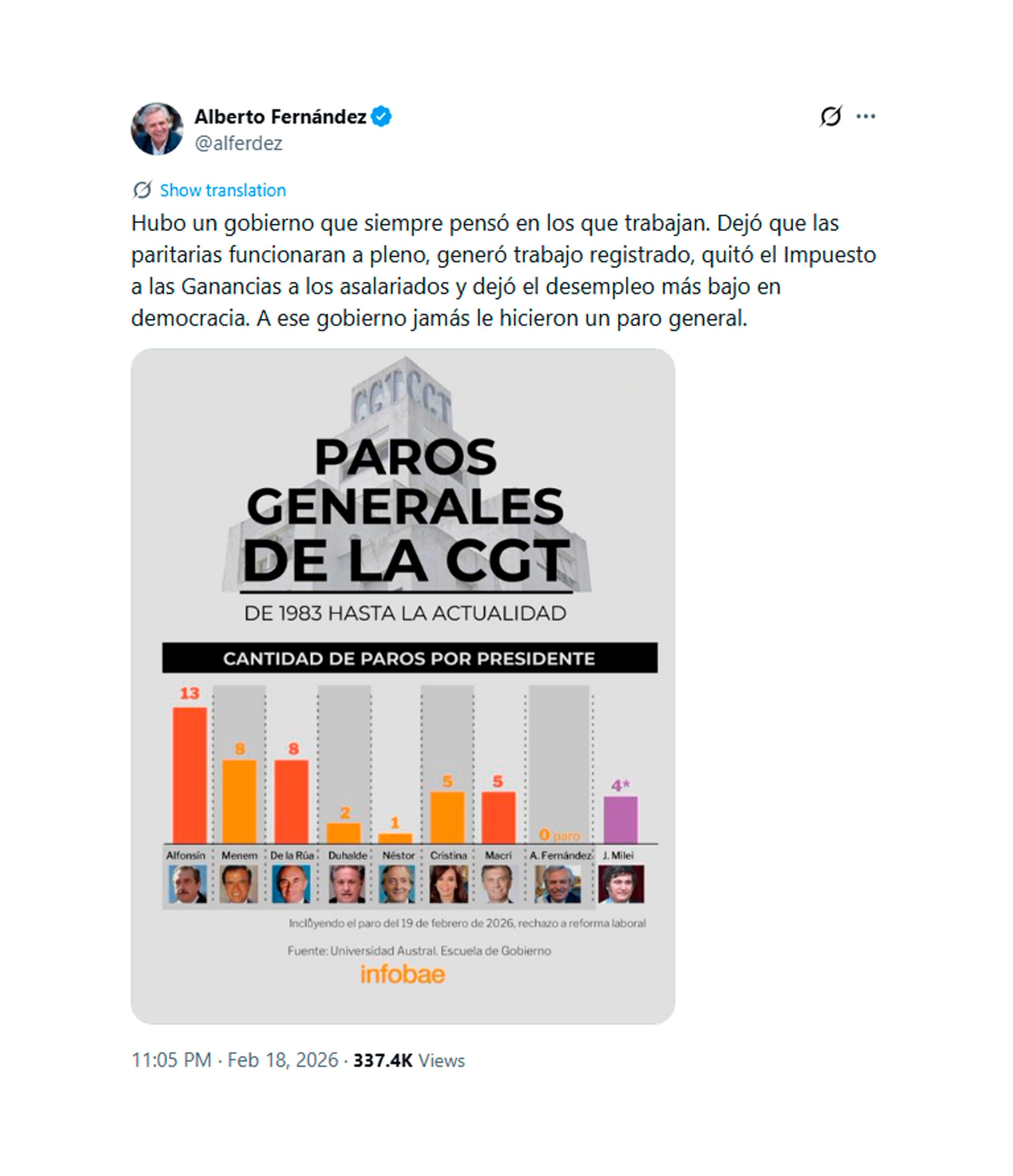 Fernández se refirió a su propio gobierno, en el contexto del paro general de la CGT convocado para hoy (X)