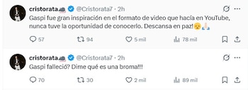 Cristorata escribió dos mensajes tras conocerse la muerte de Gaspi: primero de incredulidad y luego de despedida.