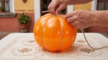 Unas manos atan un cordel de yute alrededor de un globo naranja sobre una mesa con mantel bordado.