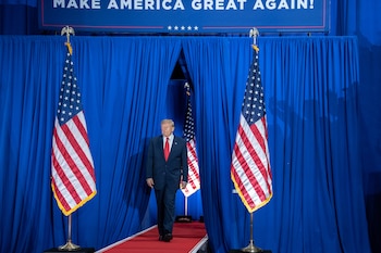President Donald Trump arrives to deliver remarks for a campaign rally at The Oncenter in Syracuse, N.Y., on Friday, Oct. 9, 2026. Efforts to jump start diplomatic talks to end Russia’s war against Ukraine were stalled on Saturday after President Trump said the United States would buy Russian diesel, the latest case of Washington’s undermining Kyiv by giving Moscow economic breathing room. (Haiyun Jiang/The New York Times)