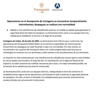 El comunicado de Aeronáutica Civil