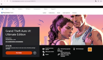Página web de PlayStation Store con la ficha de Grand Theft Auto VI, un botón de reserva en color naranja e ilustraciones de personajes