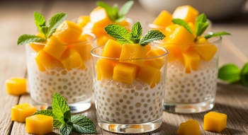 Primer plano de tres vasos transparentes llenos de tapioca y leche de coco, cubiertos con cubos de mango brillante y hojas de menta fresca sobre una mesa de madera.