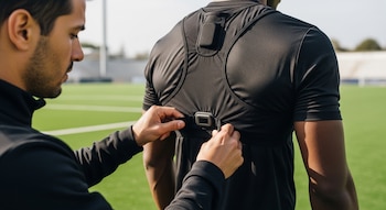 Primer plano de un experto ajustando una pechera GPS negra en la espalda de un atleta con camiseta negra, en un campo de fútbol verde.