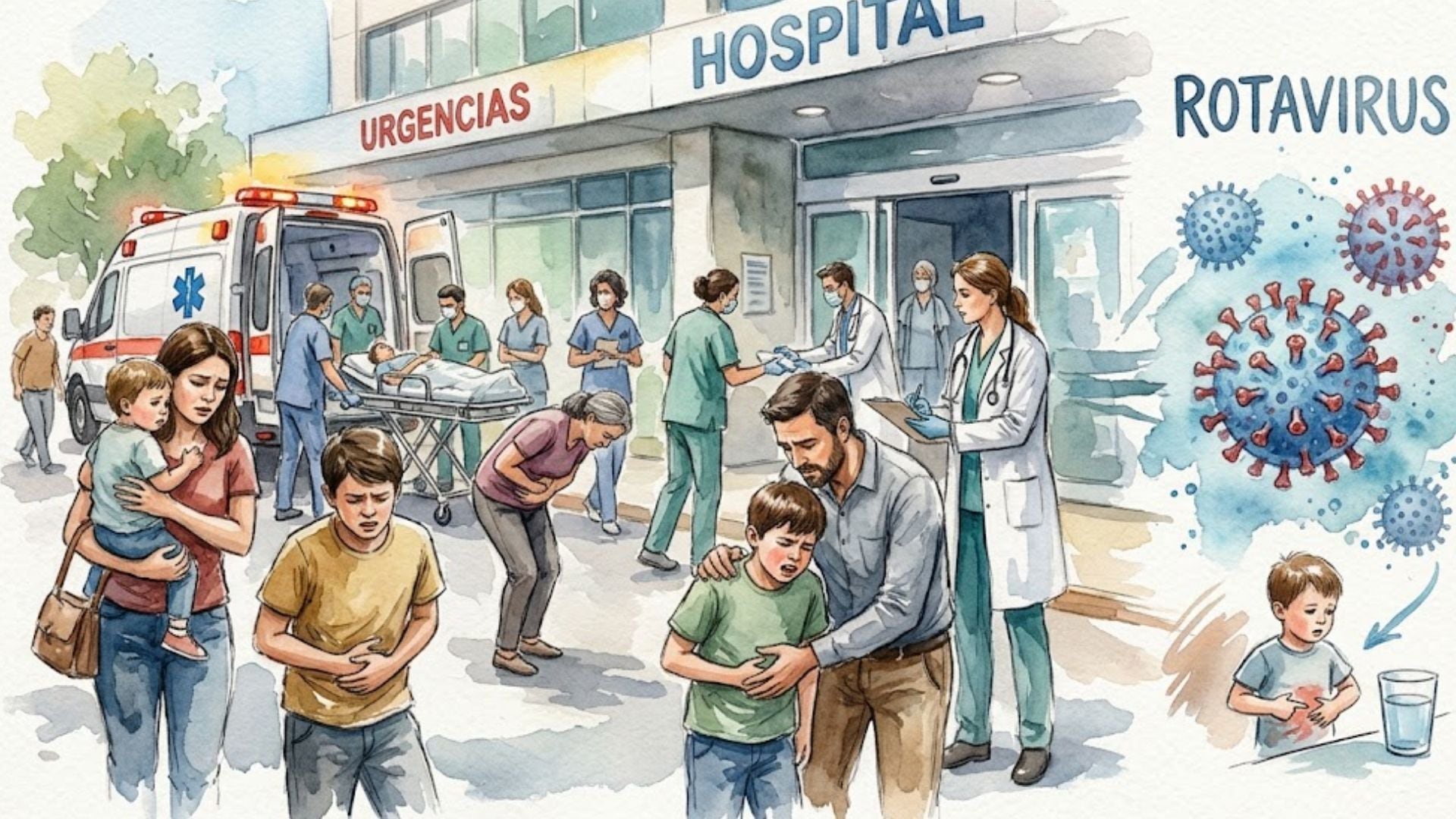 Una ilustración médica presenta la llegada de pacientes con malestar estomacal al servicio de urgencias de un hospital junto a representaciones del rotavirus. (Imagen Ilustrativa Infobae)