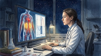 Una mujer con bata médica observa una pantalla con una figura del cuerpo humano y un gráfico, rodeada de instrumental de laboratorio.
