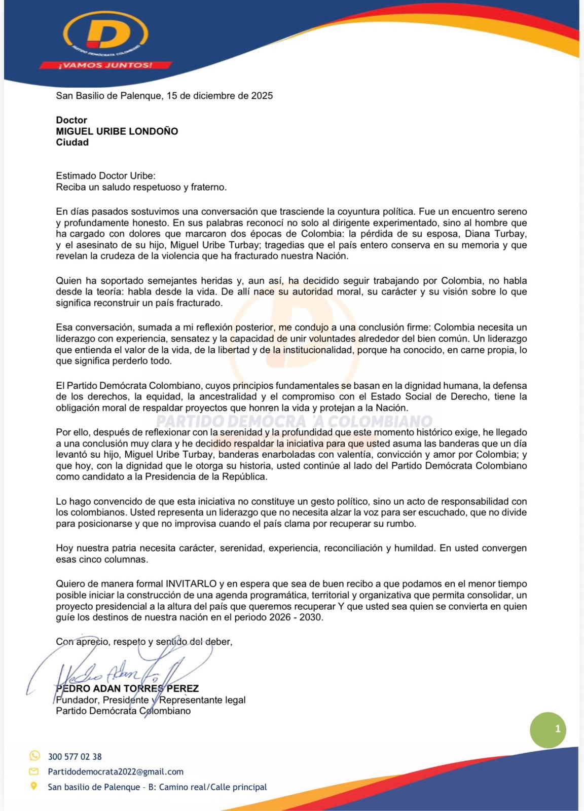 El comunicado resalta la apuesta del partido por un liderazgo con visión de futuro y sentido de responsabilidad institucional. - crédito Partido Demócrata Colombiano
