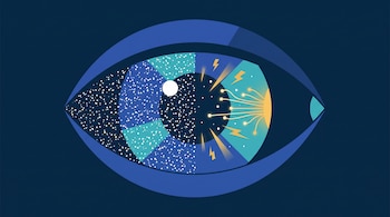 Ilustración gráfica de un ojo azul sobre fondo oscuro con puntos blancos de estática en un lado y destellos dorados con rayos en el otro.