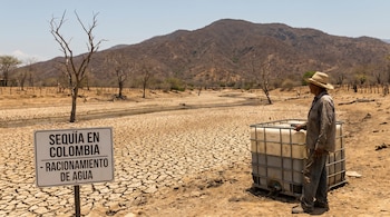 Hombre junto a un contenedor de agua en tierra agrietada por sequía. Un cartel anuncia "Sequía en Colombia - Racionamiento de Agua". Fondo con montañas áridas y árboles secos.