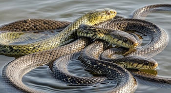 Primer plano detallado de tres serpientes acuáticas nadando en un lago, con sus cuerpos de escamas marrones y verdosas visibles sobre la superficie del agua.