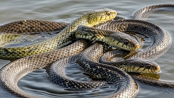 Serpientes acuáticas en primer plano: un enjambre de escamas bajo el sol en un lago - VisualesIA ScribNews
