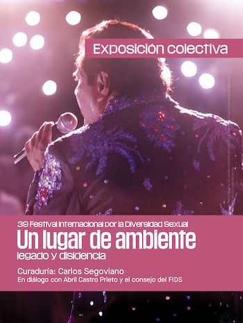 Imagen de un cartel que muestra la espalda de un hombre cantando en el escenario con un micrófono y una chaqueta brillante, con luces de fondo