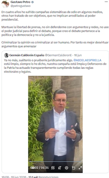 Gustavo Petro respondió a Germán Calderón España y pidió debate político, no judicial - crédito @petrogustavo/X