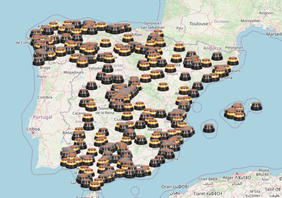 Mapa de España con las balizas V16 activas a 7 de enero de 2026 (Infobae)