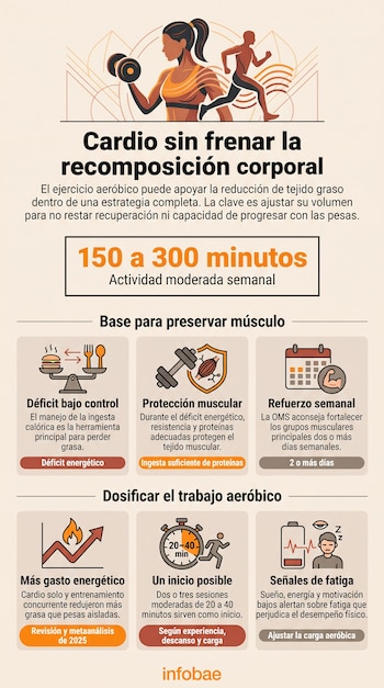 Infografía con ilustraciones de personas ejercitándose, iconos de pesas, un cronómetro, una balanza y bloques de texto con datos numéricos.