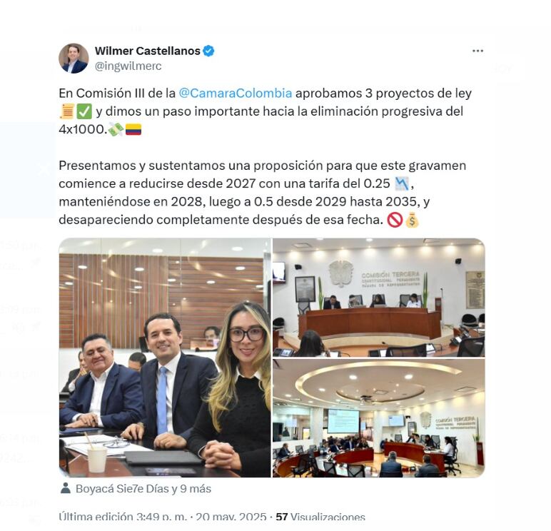 El representante Wilmer Castellanos explicó que el impuesto se reduciría desde el 0,375 % en 2027 hasta llegar a cero en 2035 - crédito @ingwilmerc/X