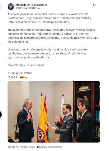 El presidente Abelardo de la Espriella posesionó a Samuel Bluman como nuevo director de ProColombia. Su trabajo se enfocará, entre otras cosas, en impulsar el turismo - crédito @ABDELAESPRIELLA/X