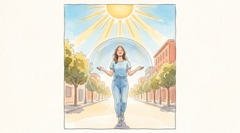 Dibujo de una mujer caminando por una calle arbolada dentro de una burbuja transparente que recibe la luz del sol.