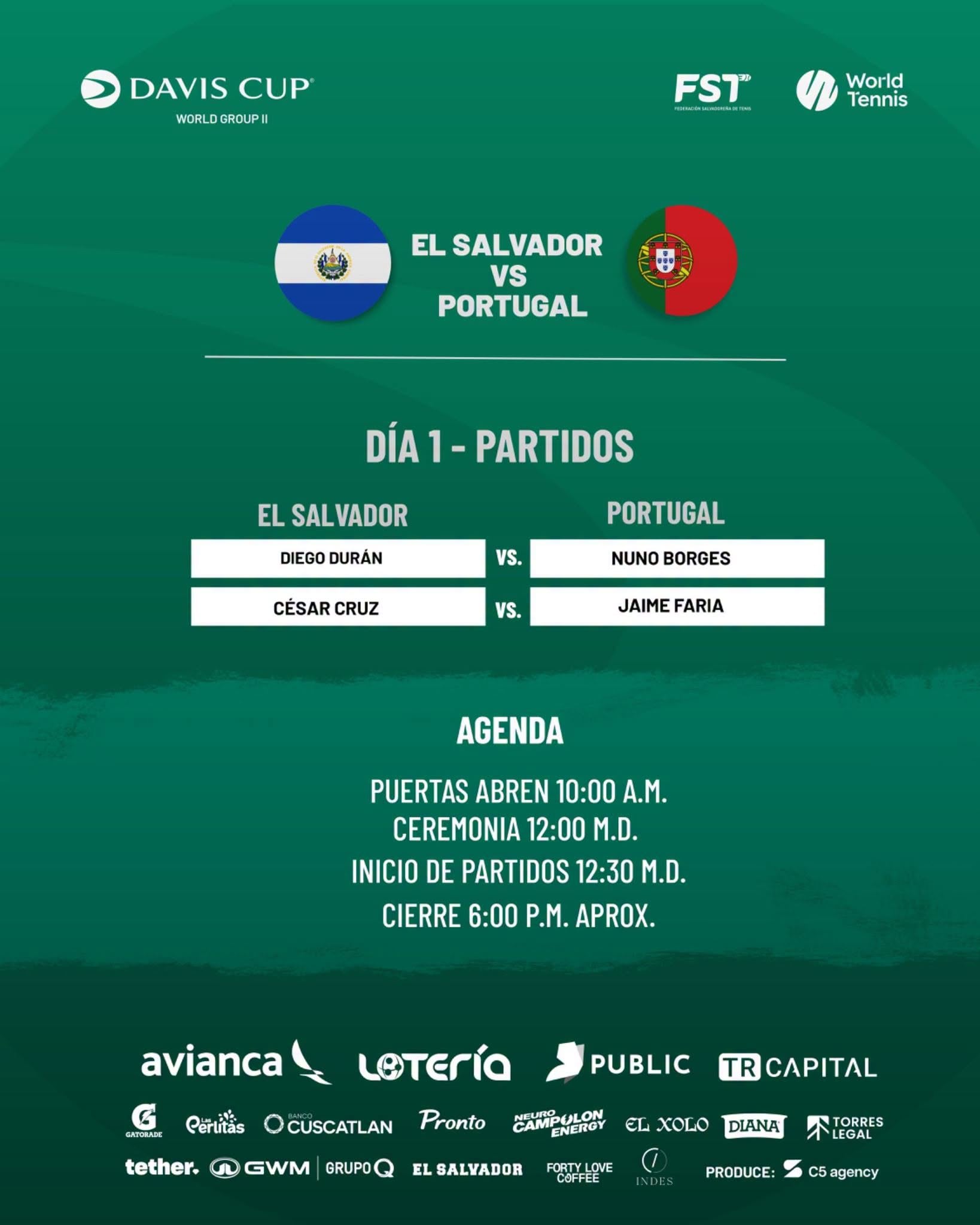 Este sábado, Diego Durán abrirá la serie de Copa Davis 2026 entre El Salvador y Portugal ante Nuno Borges en Ciudad Merliot. (Cortesía: Federación Salvadoreña de Tenis)