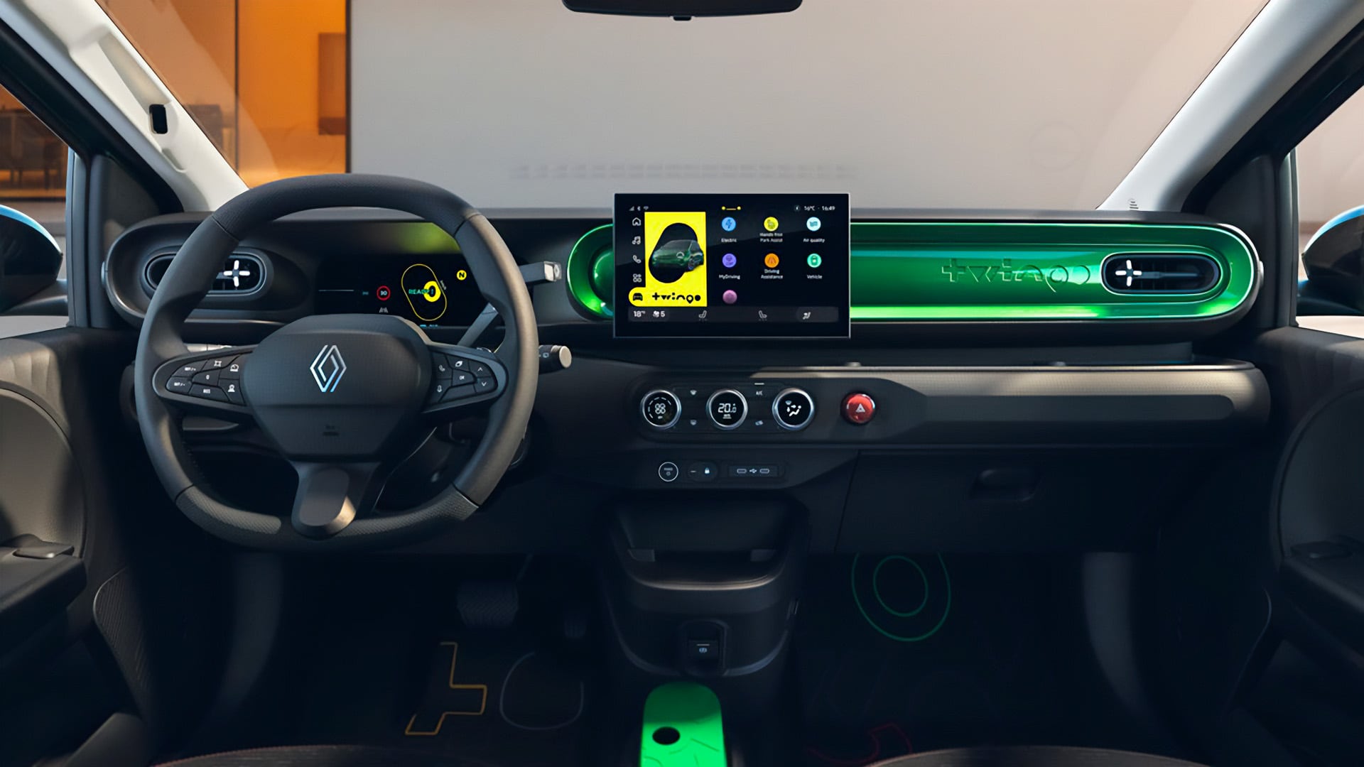El interior del Renault Twingo E-Tech combina el diseño minimalista del auto original y la tecnología e identidad digital de la marca en la actualidad