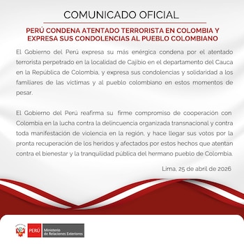 Comunicado oficial del Ministerio de Relaciones Exteriores de Perú en fondo blanco con una franja roja, condenando un atentado terrorista en Colombia