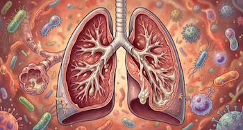 Un par de pulmones humanos con tráquea, bronquios y alvéolos. El entorno pulmonar incluye varias bacterias, virus y células de diferentes formas
