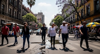 Varias personas caminan por una calle soleada en la Ciudad de México, con edificios coloniales, vehículos y un autobús blanco en un día caluroso.