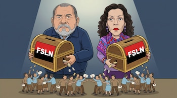 Caricatura de Daniel Ortega y Rosario Murillo, figuras grandes, con alcancías FSLN. Debajo, pequeños empleados públicos con sobres de salario de los que caen monedas.