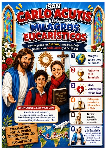 Infografía dividida en viñetas con textos explicativos, templos religiosos, el Obelisco de Buenos Aires y personas frente a hostias consagradas