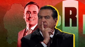 Primer plano de Alejandro Moreno Cárdenas con un gesto de silencio. Ricardo Anaya sonríe de fondo, con un mapa de México y colores patrios.