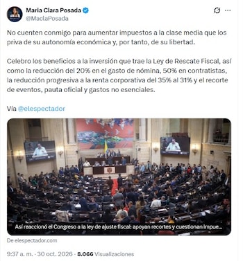 La senadora María Clara Posada (Centro Democrático) no apoyará el proyecto de ley de reajuste económico - crédito @MaclaPosada/X