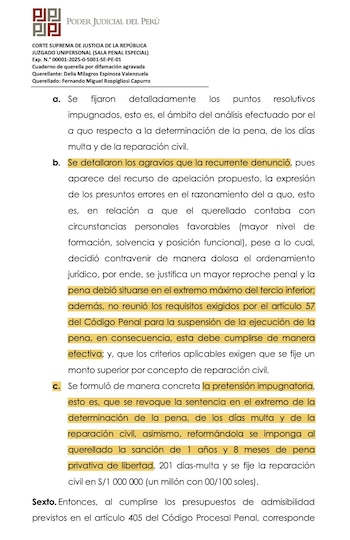 PJ concede recurso de apelación de Delia Espinoza