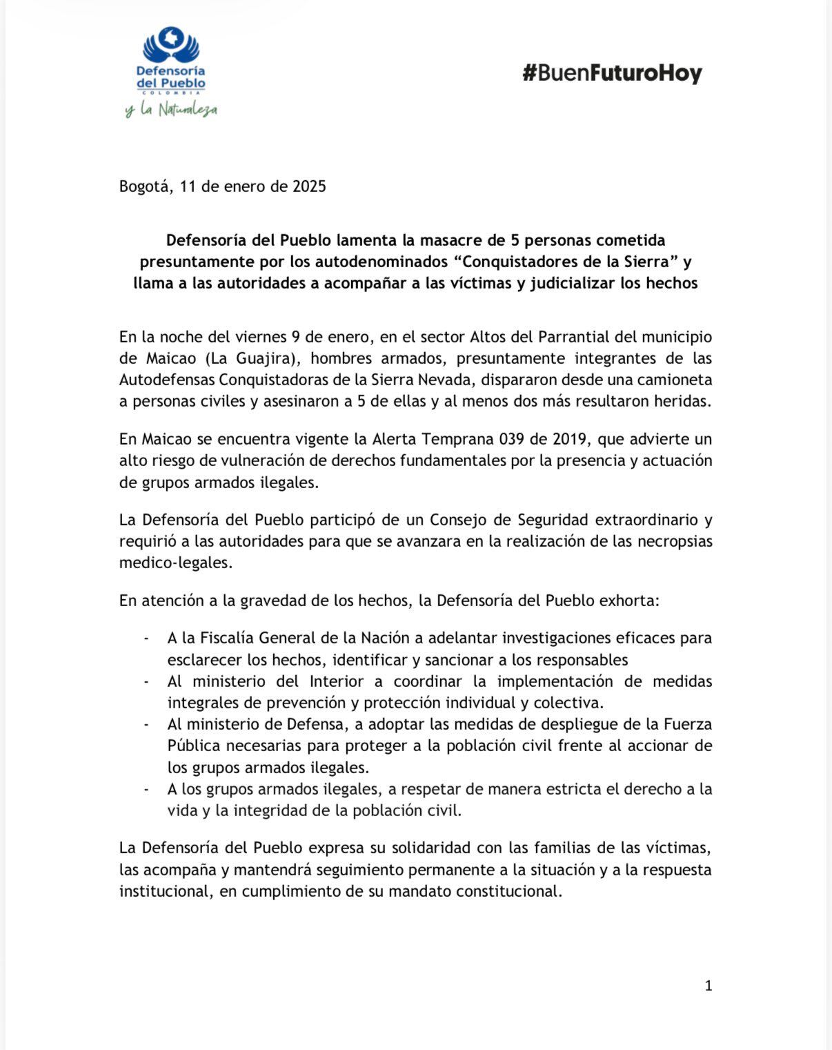 La Defensoría del Pueblo exigió acciones urgentes y acompañamiento a las familias tras el ataque armado en Altos del Parrantial - crédito X