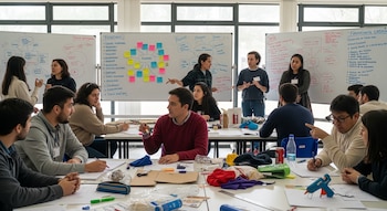 Un grupo de docentes y estudiantes en un aula, con varias pizarras blancas llenas de notas y diagramas, y mesas con materiales de diseño y reciclables.