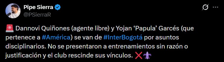Internacional de Bogotá habría despedido a los dos jugadores por aparente indisciplina en los entrenamientos - crédito @PSierraR/X