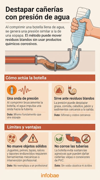Ilustración esquemática de una mano apretando una botella en una tubería junto a cuatro recuadros explicativos y el logotipo de Infobae.
