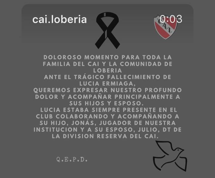 Una imagen muestra el comunicado oficial del club CAI Lobería expresando su profundo dolor por el trágico fallecimiento de Lucía Ermiaga y acompañando a su familia.