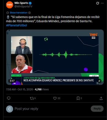 Eduardo Méndez, presidente de Independiente Santa Fe, habló sobre las pérdidas que el club calcula por no disputar la final femenina en El Campín-crédito @WinSportsTV/X