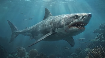 Un tiburón megalodón de gran tamaño con cicatrices visibles nada en un entorno marino con arrecifes y pequeños peces, bajo la luz solar.