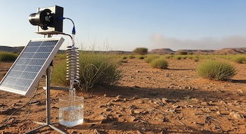 Dispositivo de condensación de agua alimentado por panel solar, con ventilador y bobina, goteando en un vaso. Fondo desértico con arbustos y colinas bajo cielo claro.