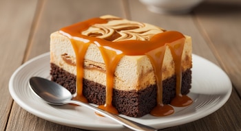 Un trozo de postre de capas de bizcocho de chocolate y crema con espiral superior, cubierto con salsa de caramelo, en un plato blanco con una cuchara.
