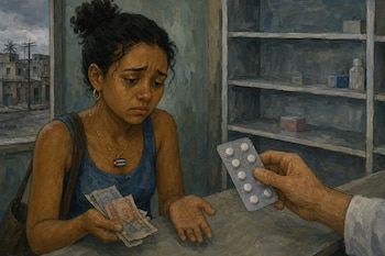 Una joven con un dije de la bandera de Cuba sostiene billetes ante una mano que muestra un blíster de pastillas en un mostrador.