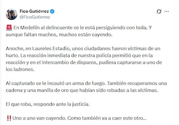 Federico Gutiérrez confirmó la captura en Medellín y afirmó que quien roba responde ante la justicia - crédito @FicoGutierrez/X