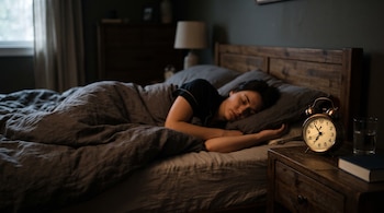 Una mujer recostada en una cama con sábanas grises, junto a una mesa de noche con un reloj despertador analógico, un vaso y un libro.