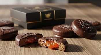 Varias galletas redondas de chocolate sobre una mesa de madera. Una galleta partida muestra el relleno de albaricoque. Una caja negra con detalles dorados está al fondo.