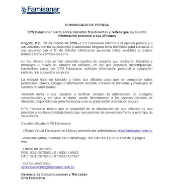 La institución subraya que los procedimientos deben realizarse únicamente a través de sus plataformas verificadas, con el fin de brindar mayor protección frente a personas que suplantan su identidad en el país - crédito captura de pantalla Famisanar