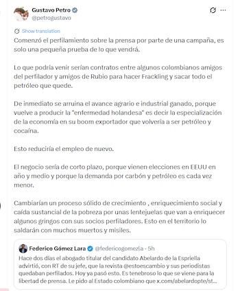 Federico Gómez Lara, director de la revista Cambio, aseguró que días antes integrantes de la campaña de De la Espriella habían advertido sobre un supuesto “perfilamiento” contra el medio y sus periodistas - crédito @petrogustavo/X